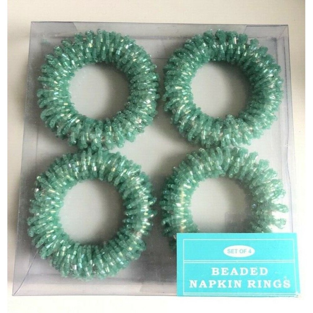 Nantucket Napkin Rings Fully Beaded Beach Summer Easter Blue Aqua Set of 4